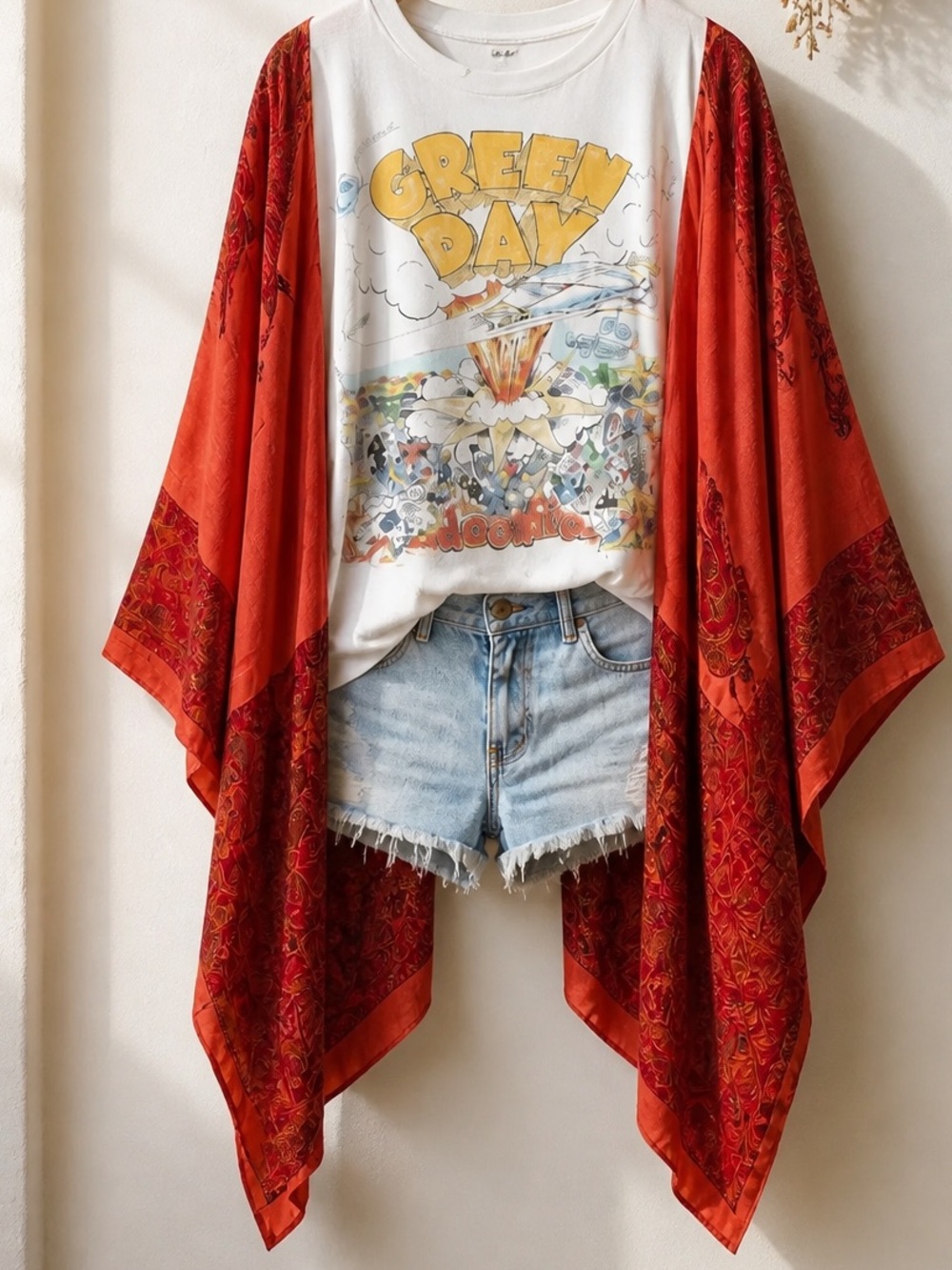 Green Day T Shirt poncho Upcycled w/ vibrant orange silk Kimono Sleeves.